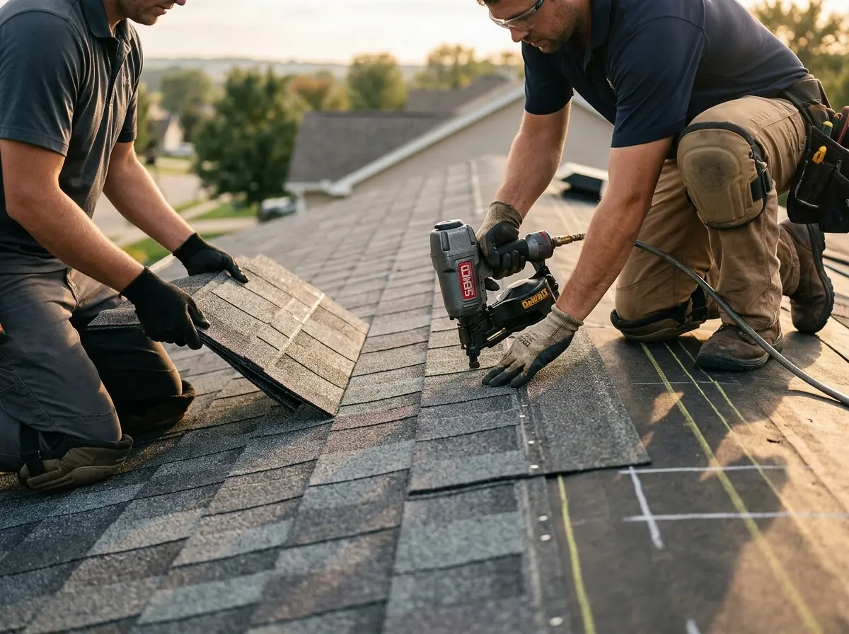 Professional roofer working on a residential roof in Long View